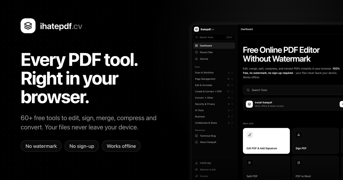 ihatepdf.cv’s official preview of its browser PDF tools.