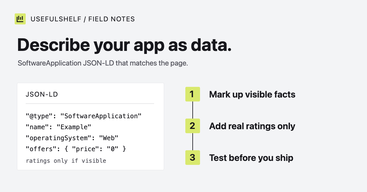 SoftwareApplication JSON-LD with name, URL, description and operating system, next to Google’s required fields.
