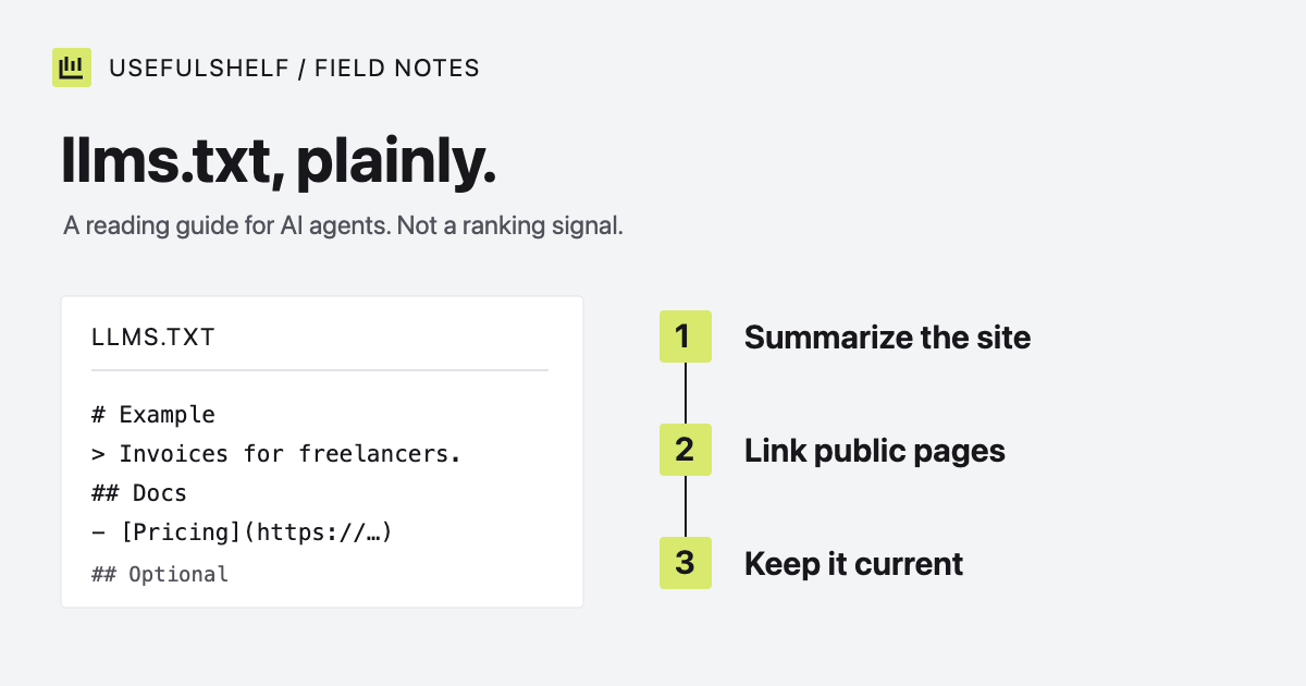 An llms.txt file with a title, a summary blockquote and sections of links for AI agents.